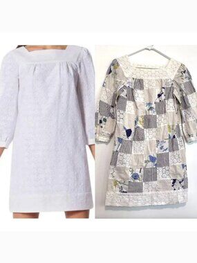 THREAD SOCIAL White Blue Patchwork Striped Floral Seersucker Eyelet Cotton Dress
